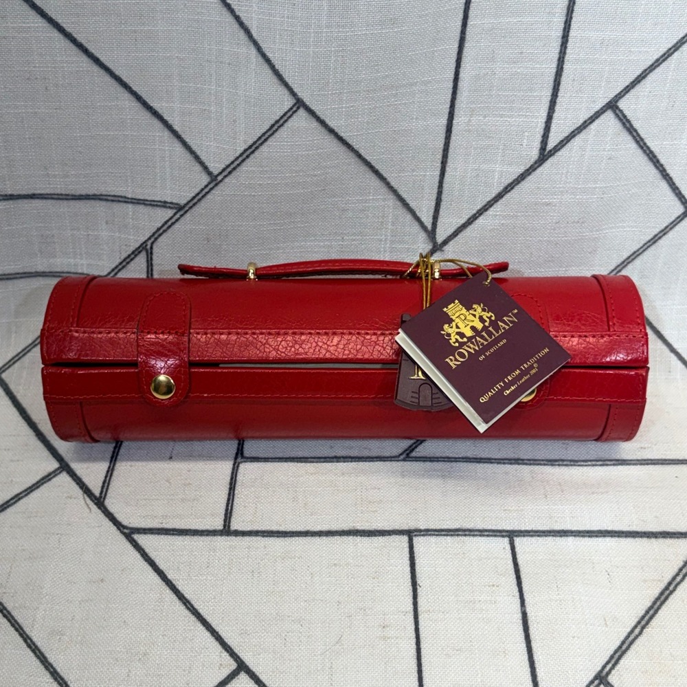 Rowallan Jewelry Roll OS Red Bonded Leather Travel Case Organizer Mirror READ